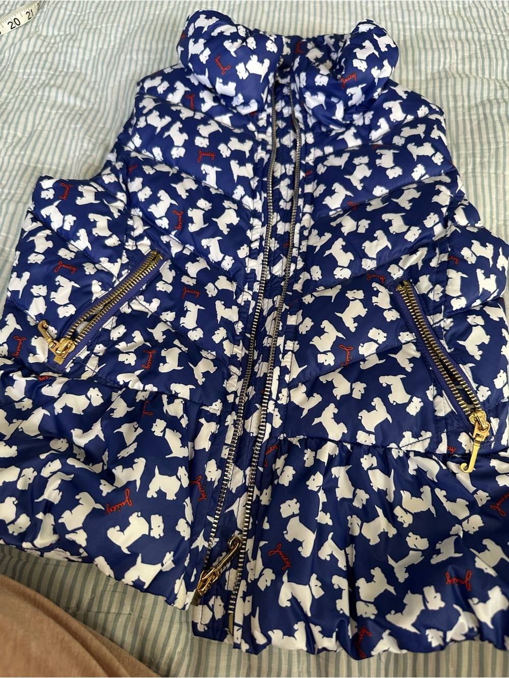 Juicy Couture Blue Quilted Puffer Vest with White Dog Print